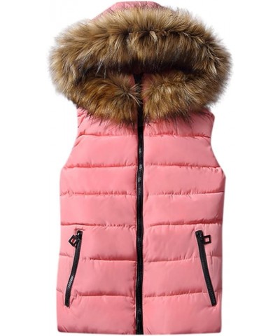 Womens 2023 Fall Vests Sleeveless Puffer Jacket Zip Up Hoodie Pockets Warm Winter Coat Outerwear with Faux Fur Hood Pink $14....