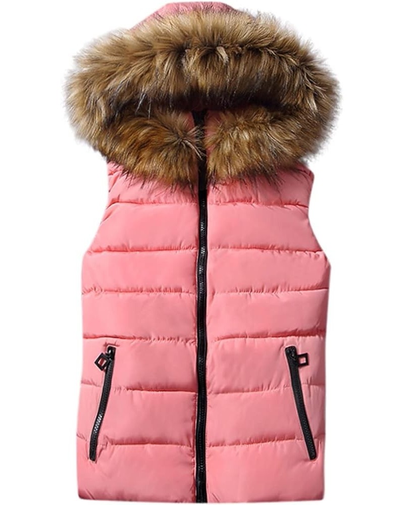 Womens 2023 Fall Vests Sleeveless Puffer Jacket Zip Up Hoodie Pockets Warm Winter Coat Outerwear with Faux Fur Hood Pink $14....