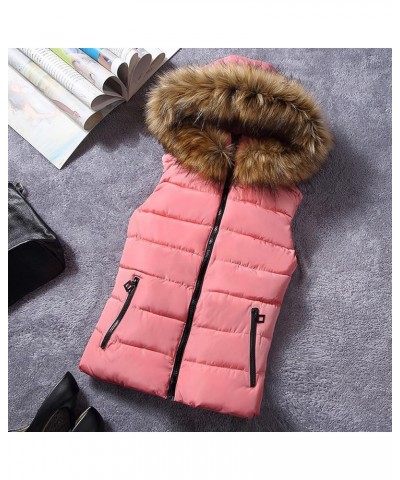 Womens 2023 Fall Vests Sleeveless Puffer Jacket Zip Up Hoodie Pockets Warm Winter Coat Outerwear with Faux Fur Hood Pink $14....