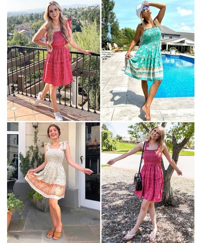 Women's 2024 Summer Boho Floral Printed Spaghetti Strap Square Neck Ruffle A Line Swing Beach Mini Dress Lightkhaki $20.29 Dr...