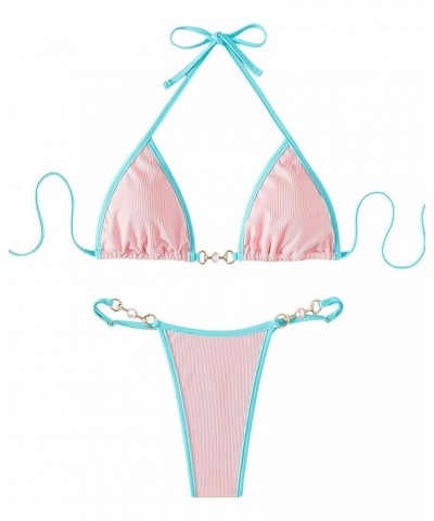 Women's 2 Piece Triangle Bathing Suit Halter Top ​Tie Side Thong Bikini Swimsuits Pale Pink Blue $17.00 Swimsuits