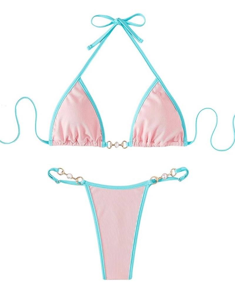 Women's 2 Piece Triangle Bathing Suit Halter Top ​Tie Side Thong Bikini Swimsuits Pale Pink Blue $17.00 Swimsuits