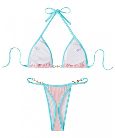 Women's 2 Piece Triangle Bathing Suit Halter Top ​Tie Side Thong Bikini Swimsuits Pale Pink Blue $17.00 Swimsuits