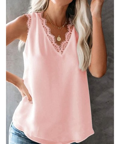 Womens Lace V Neck Tank Top Summer Loose Sleeveless Shirt Blouses Pink $8.99 Tanks