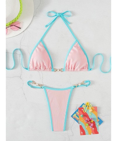 Women's 2 Piece Triangle Bathing Suit Halter Top ​Tie Side Thong Bikini Swimsuits Pale Pink Blue $17.00 Swimsuits