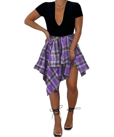 Skirts for Women Plaid High Elastic Waisted Summer Casual Knot Front Asymmetrical Hem A-Line Mini Short Pleated Skirt Purple ...