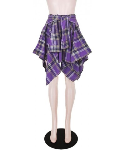 Skirts for Women Plaid High Elastic Waisted Summer Casual Knot Front Asymmetrical Hem A-Line Mini Short Pleated Skirt Purple ...