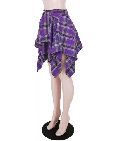 Skirts for Women Plaid High Elastic Waisted Summer Casual Knot Front Asymmetrical Hem A-Line Mini Short Pleated Skirt Purple ...