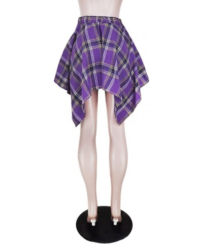 Skirts for Women Plaid High Elastic Waisted Summer Casual Knot Front Asymmetrical Hem A-Line Mini Short Pleated Skirt Purple ...