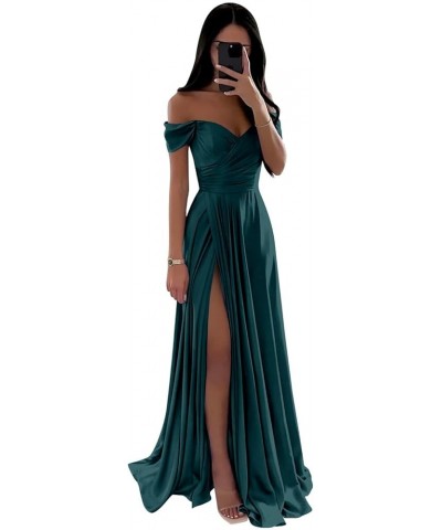 Off The Shoulder Satin Bridesmaid Dresses for Wedding Long Ruched Corset Formal Prom Dress with Slit Peacock $37.50 Dresses