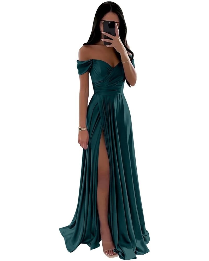 Off The Shoulder Satin Bridesmaid Dresses for Wedding Long Ruched Corset Formal Prom Dress with Slit Peacock $37.50 Dresses