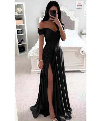 Off The Shoulder Satin Bridesmaid Dresses for Wedding Long Ruched Corset Formal Prom Dress with Slit Peacock $37.50 Dresses