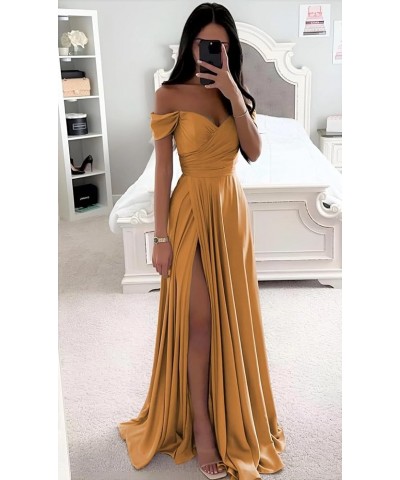 Off The Shoulder Satin Bridesmaid Dresses for Wedding Long Ruched Corset Formal Prom Dress with Slit Peacock $37.50 Dresses