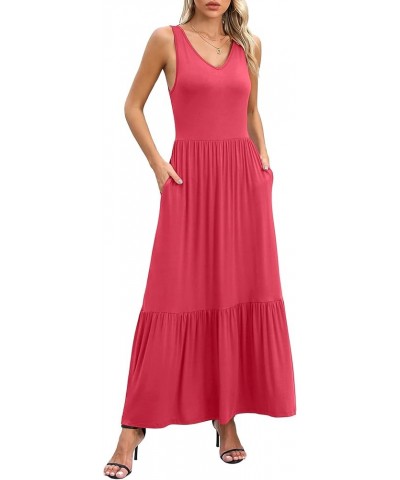 Women's Summer Casual Sleeveless V Neck Swing Dress Flowy Tiered Maxi Beach Dress with Pockets Peach Red $16.80 Dresses