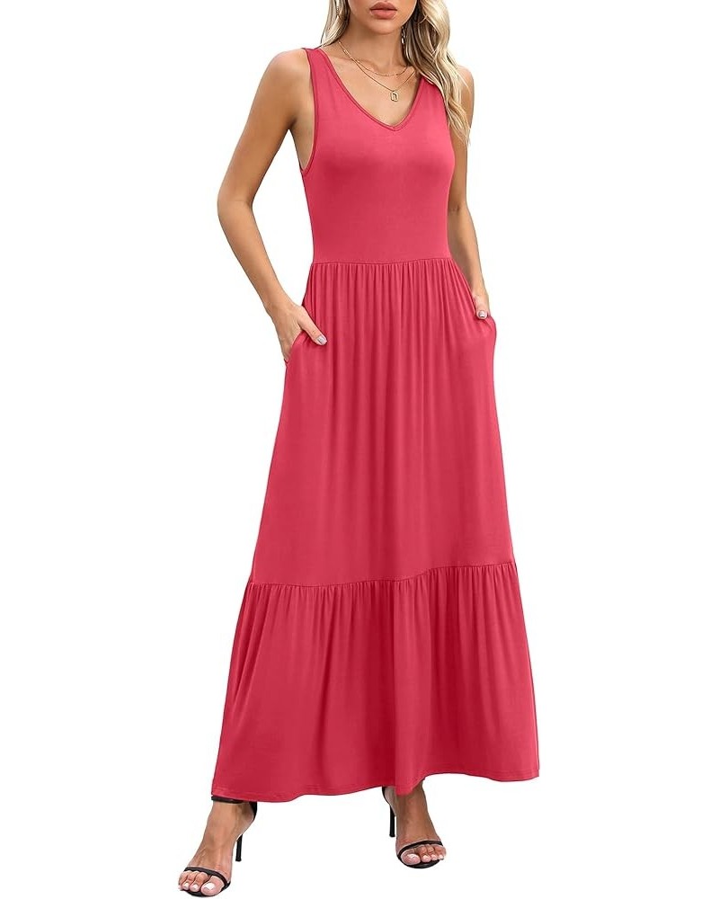 Women's Summer Casual Sleeveless V Neck Swing Dress Flowy Tiered Maxi Beach Dress with Pockets Peach Red $16.80 Dresses