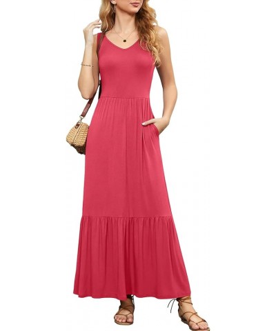 Women's Summer Casual Sleeveless V Neck Swing Dress Flowy Tiered Maxi Beach Dress with Pockets Peach Red $16.80 Dresses