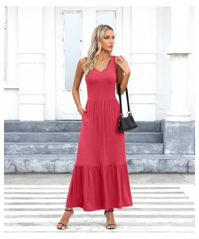 Women's Summer Casual Sleeveless V Neck Swing Dress Flowy Tiered Maxi Beach Dress with Pockets Peach Red $16.80 Dresses