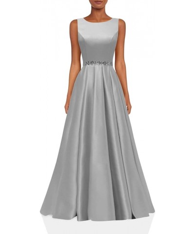 Satin Prom Dresses Long for Women A-Line Beaded Belt Formal Evening Party Ball Gowns with Pockets Silver $37.60 Dresses