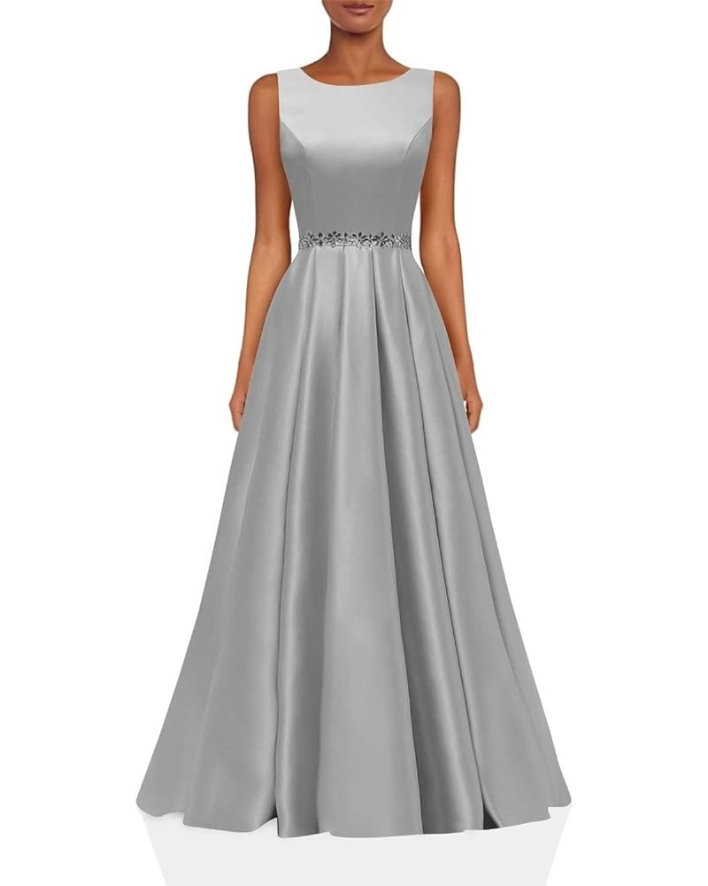 Satin Prom Dresses Long for Women A-Line Beaded Belt Formal Evening Party Ball Gowns with Pockets Silver $37.60 Dresses