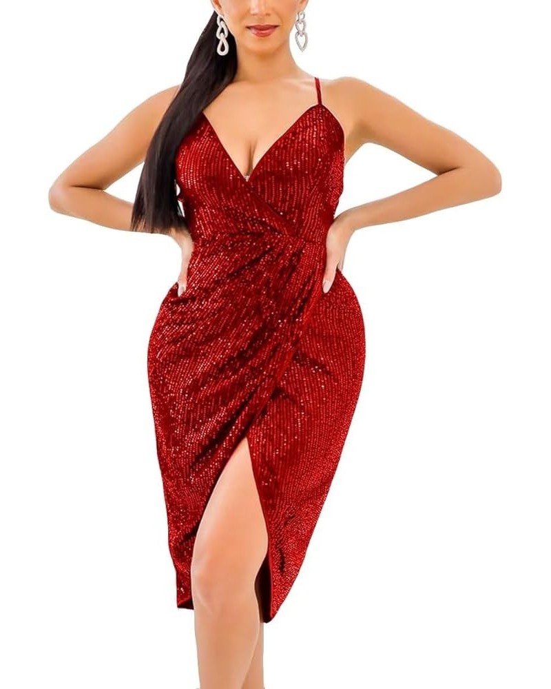 Women's Sexy Sequin Wrap V-Neck Ruched Dress,Adjustable Spaghetti Strap Party Club Dresses 62-red $14.03 Dresses