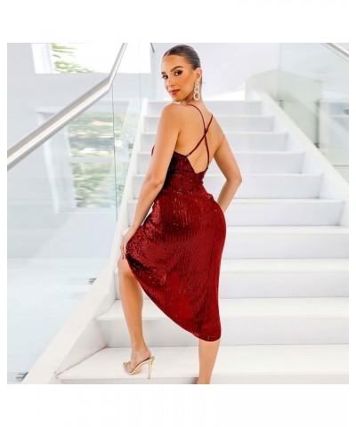 Women's Sexy Sequin Wrap V-Neck Ruched Dress,Adjustable Spaghetti Strap Party Club Dresses 62-red $14.03 Dresses