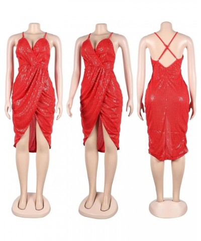 Women's Sexy Sequin Wrap V-Neck Ruched Dress,Adjustable Spaghetti Strap Party Club Dresses 62-red $14.03 Dresses