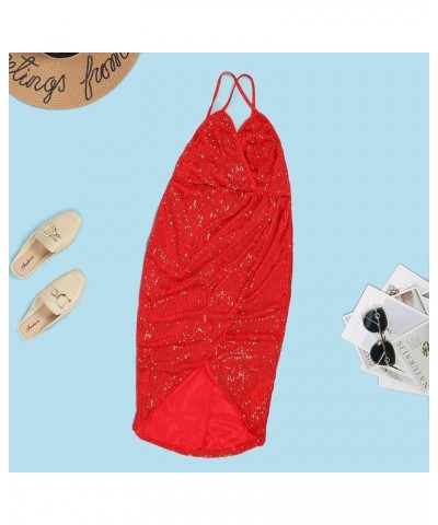 Women's Sexy Sequin Wrap V-Neck Ruched Dress,Adjustable Spaghetti Strap Party Club Dresses 62-red $14.03 Dresses