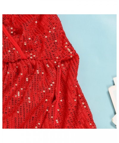 Women's Sexy Sequin Wrap V-Neck Ruched Dress,Adjustable Spaghetti Strap Party Club Dresses 62-red $14.03 Dresses