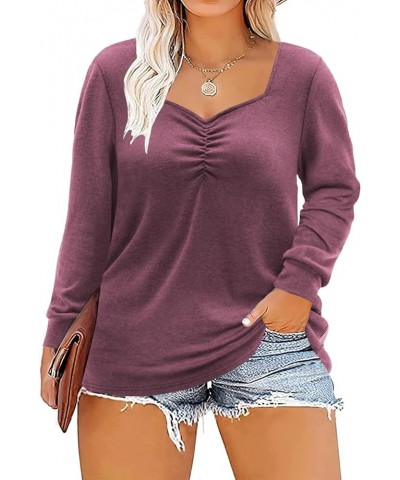 Women Plus-Size Tops Long Sleeve Shirts Sweetheart Neck Casual Tunics 06_wine Red $9.17 Tops