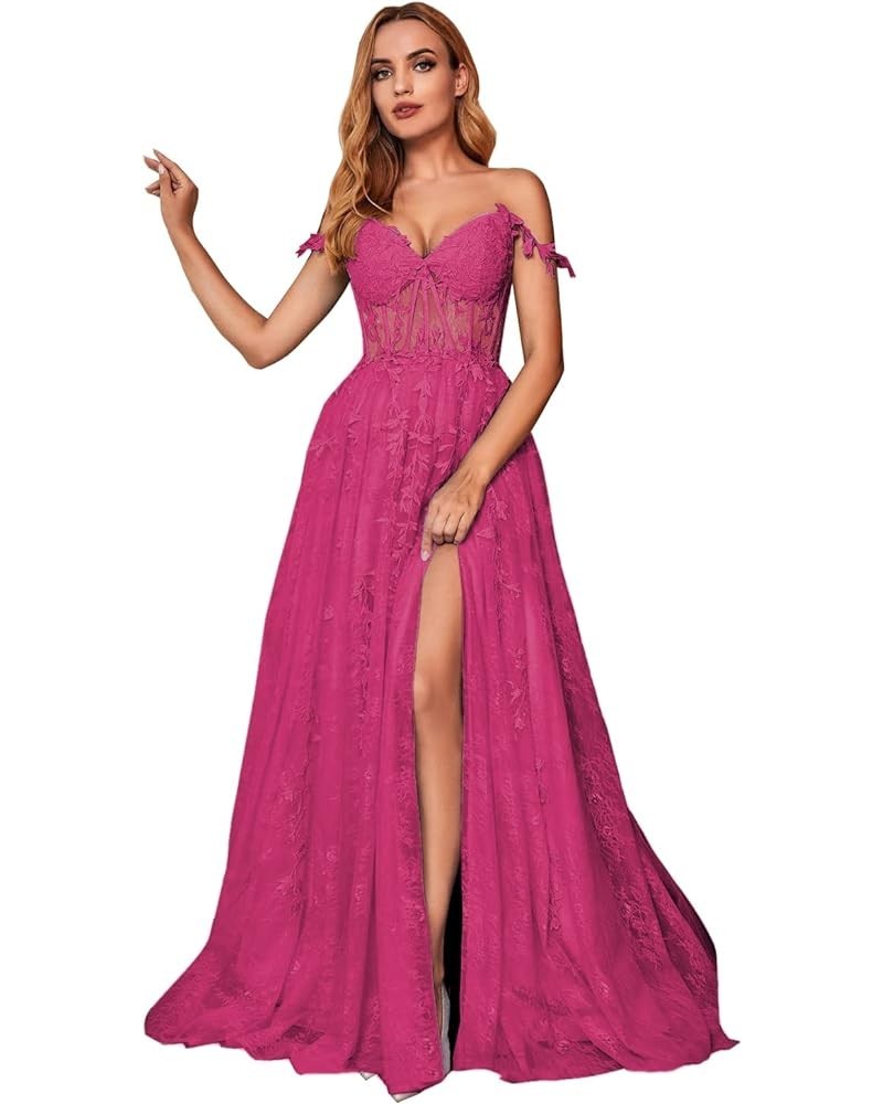 Off Shoulder Tulle Lace Appliques Prom Dress with Side Slit A Line Sweetheart Neck Evening Dress Long for Women RS020 Fuchsia...