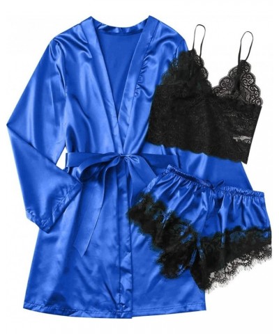 Satin Robe Pajama Set Women Silk Nighty for Women Long Silk Satin Pajamas for Women Short Sleeve Blue $9.34 Sleep & Lounge