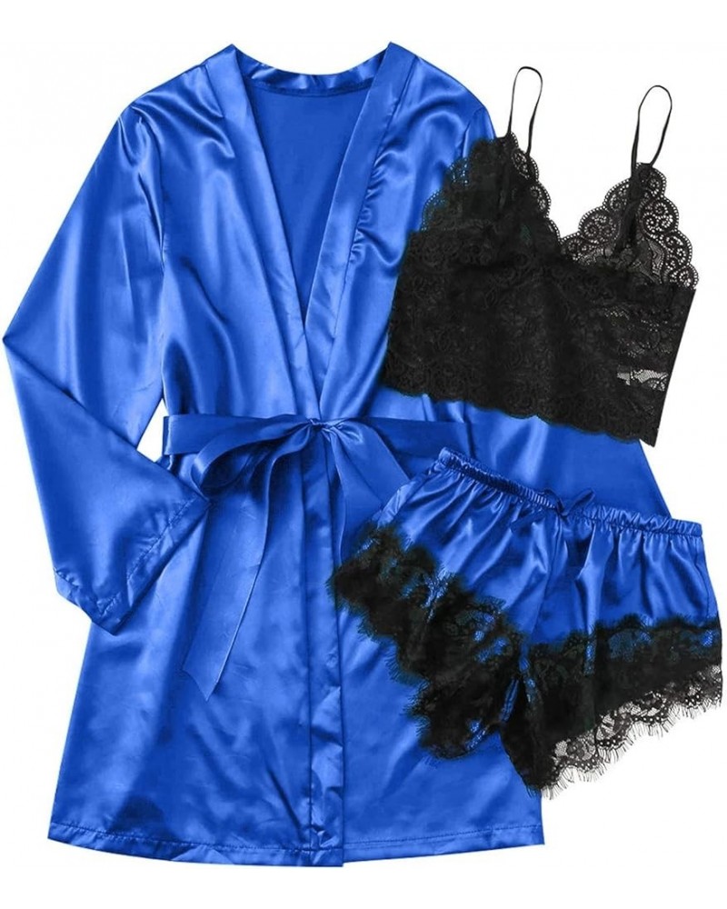 Satin Robe Pajama Set Women Silk Nighty for Women Long Silk Satin Pajamas for Women Short Sleeve Blue $9.34 Sleep & Lounge