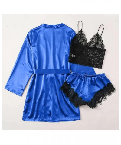 Satin Robe Pajama Set Women Silk Nighty for Women Long Silk Satin Pajamas for Women Short Sleeve Blue $9.34 Sleep & Lounge