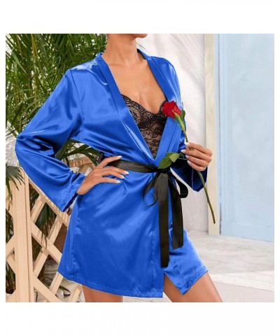 Satin Robe Pajama Set Women Silk Nighty for Women Long Silk Satin Pajamas for Women Short Sleeve Blue $9.34 Sleep & Lounge