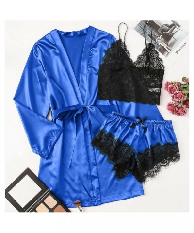 Satin Robe Pajama Set Women Silk Nighty for Women Long Silk Satin Pajamas for Women Short Sleeve Blue $9.34 Sleep & Lounge