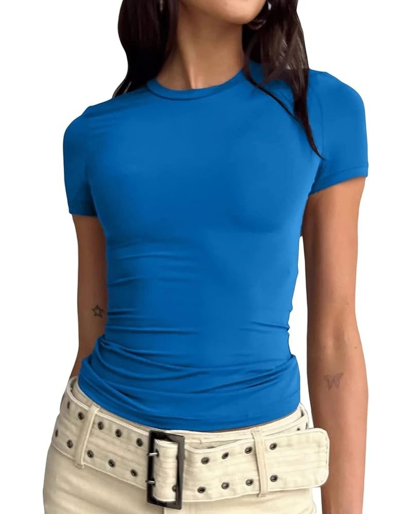 Casual Solid Color Slim Shirt for Women Stretchy Crewneck Short Sleeve Cropped Tops Streetwear 03-dark Blue $7.53 T-Shirts