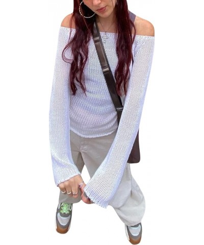 Women Y2K Hollow Out Top Long Sleeve Crochet Knit Crop Tops Sexy See Through Fishnet Top E-off Shoulder $13.19 T-Shirts