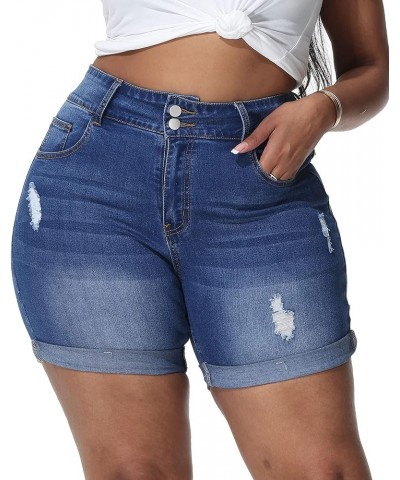 Womens Plus Size Jean Shorts High Waisted Distressed Denim Shorts Casual Ripped Fold Hem Short Jeans Royal Blue-067 $17.50 Sh...