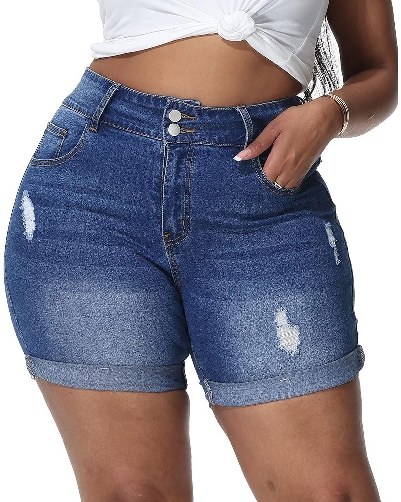 Womens Plus Size Jean Shorts High Waisted Distressed Denim Shorts Casual Ripped Fold Hem Short Jeans Royal Blue-067 $17.50 Sh...