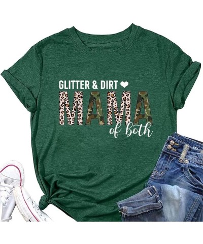 Glitter & Dirt Mama of Both Shirt, Women T-Shirt Graphic Mom Tee Short Sleeve Letter Print Top Green $15.89 T-Shirts