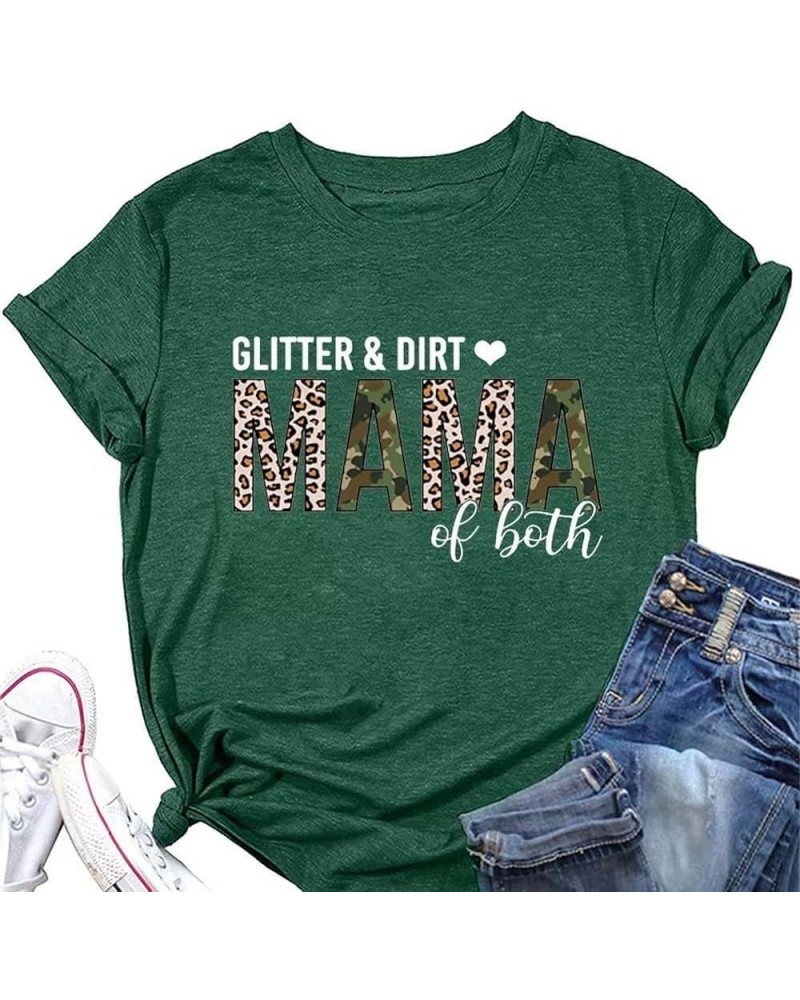 Glitter & Dirt Mama of Both Shirt, Women T-Shirt Graphic Mom Tee Short Sleeve Letter Print Top Green $15.89 T-Shirts