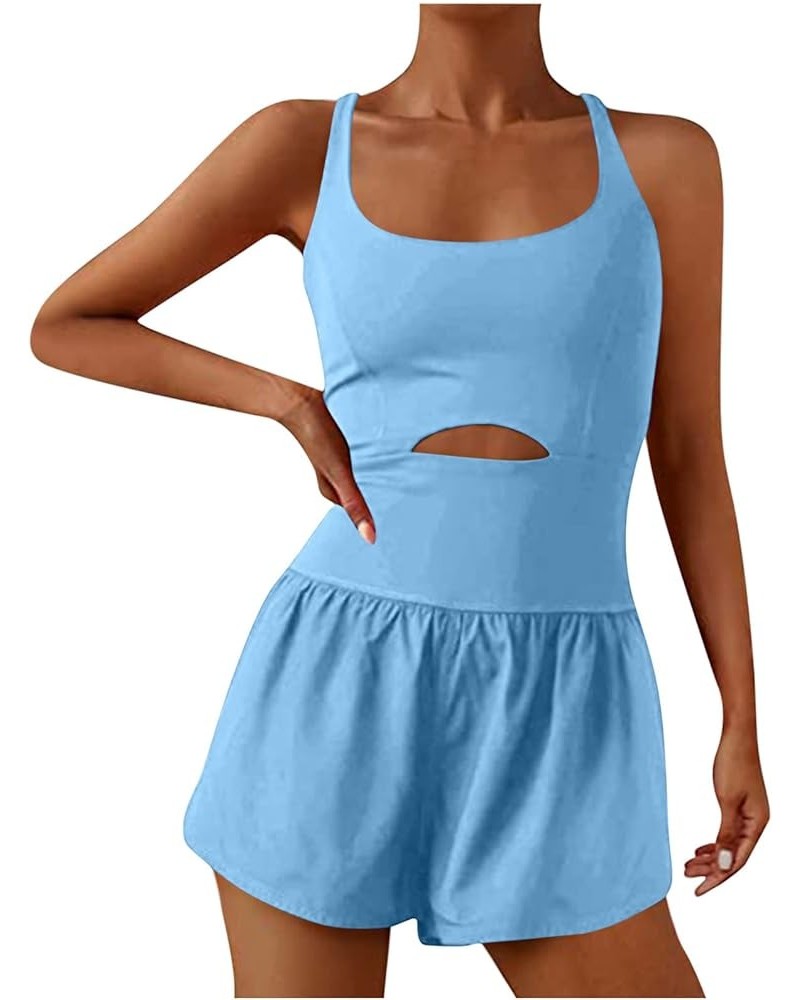 Womens Workout Rompers for Summer Dressy Short Overalls One Piece Outfits Scoop Neck Cutout Gym Yoga Jumpsuits A09-light Blue...