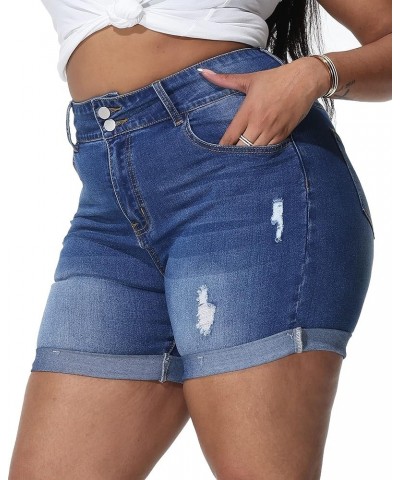 Womens Plus Size Jean Shorts High Waisted Distressed Denim Shorts Casual Ripped Fold Hem Short Jeans Royal Blue-067 $17.50 Sh...