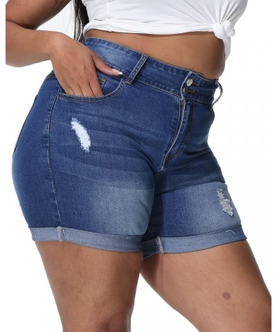 Womens Plus Size Jean Shorts High Waisted Distressed Denim Shorts Casual Ripped Fold Hem Short Jeans Royal Blue-067 $17.50 Sh...