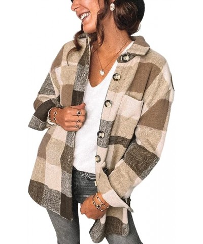 Women's Brushed Plaid Shirts Long Sleeve Flannel Lapel Button Down Cardigan Boyfriend Shacket Jacket Coats A-khaki $14.88 Blo...