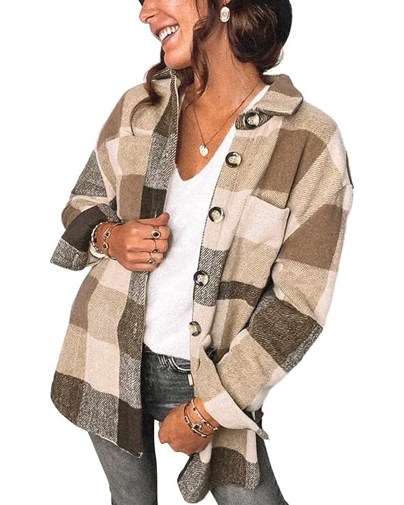 Women's Brushed Plaid Shirts Long Sleeve Flannel Lapel Button Down Cardigan Boyfriend Shacket Jacket Coats A-khaki $14.88 Blo...