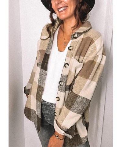 Women's Brushed Plaid Shirts Long Sleeve Flannel Lapel Button Down Cardigan Boyfriend Shacket Jacket Coats A-khaki $14.88 Blo...