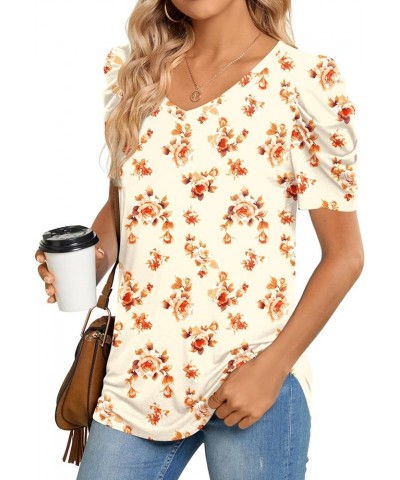 Women's Long Puff Sleeve V-Neck Tunic Tops Casual T-shirt Basic Blouse Loose Tee For Legging Short Peony White $15.39 Tops