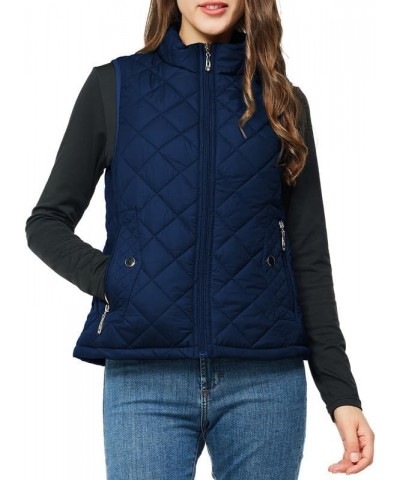 Women's Quilted Vest Lightweight Puffer Jacket with Detachable Hood Stand Collar Zip Outwear No Hood - Dark Blue $15.75 Vests