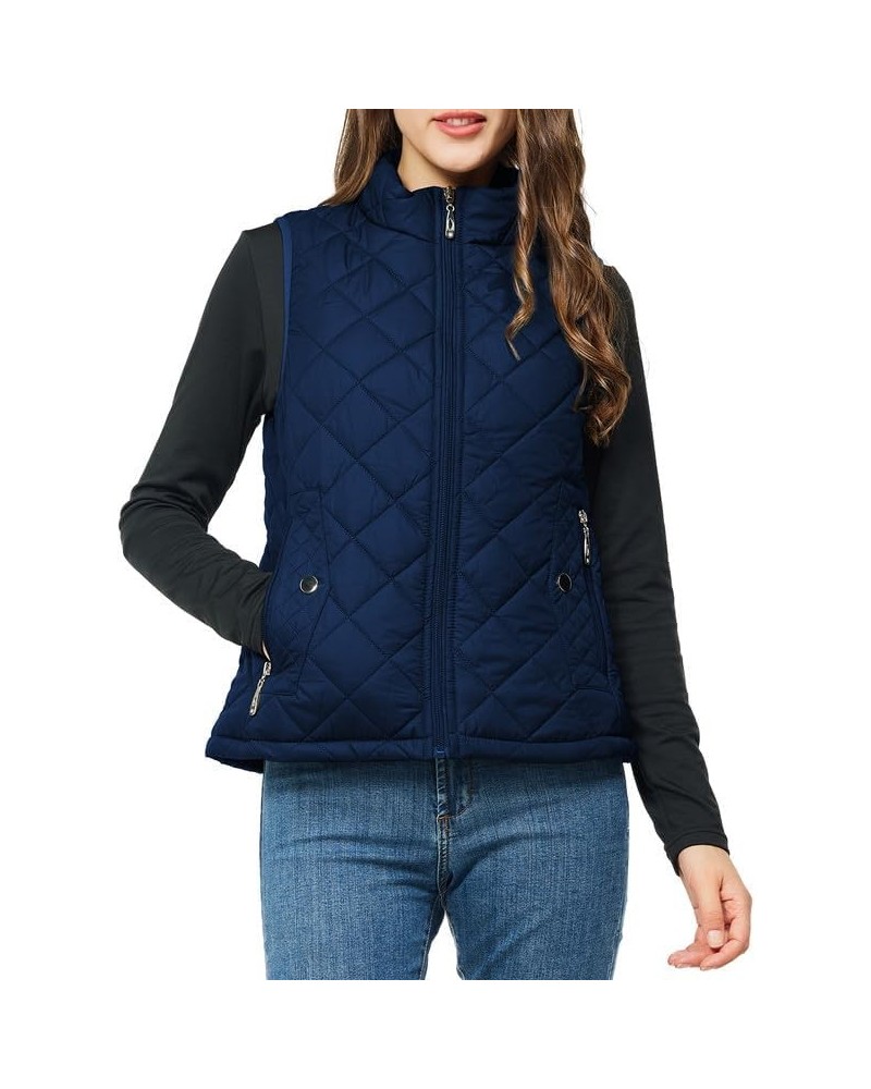 Women's Quilted Vest Lightweight Puffer Jacket with Detachable Hood Stand Collar Zip Outwear No Hood - Dark Blue $15.75 Vests